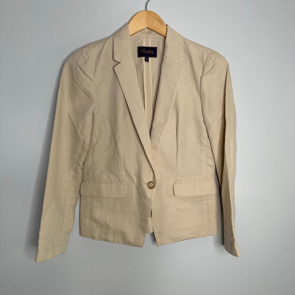 Buckley Tailors Blazer Women Size 2 Beige Good Cotton Linen One Button Chic